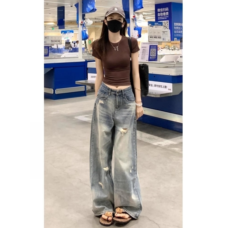 高个子加长版美式破洞阔腿牛仔裤女夏季高腰宽松显瘦直筒拖地裤子