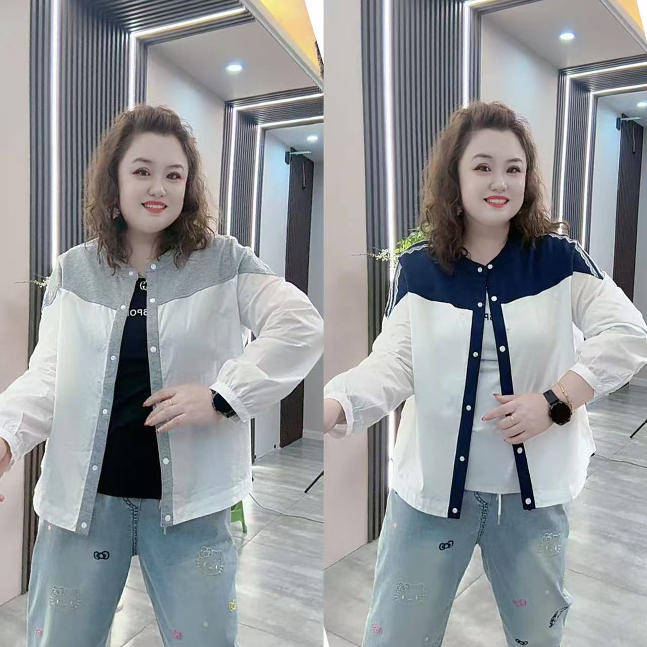 32053（丹姐家）夏季新款蕾丝条拼接单排扣圆领棒球服防晒外套