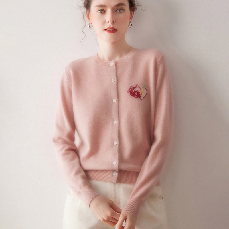 25新款100%山羊绒刺绣圆领时尚开衫气质柔软洋气外穿