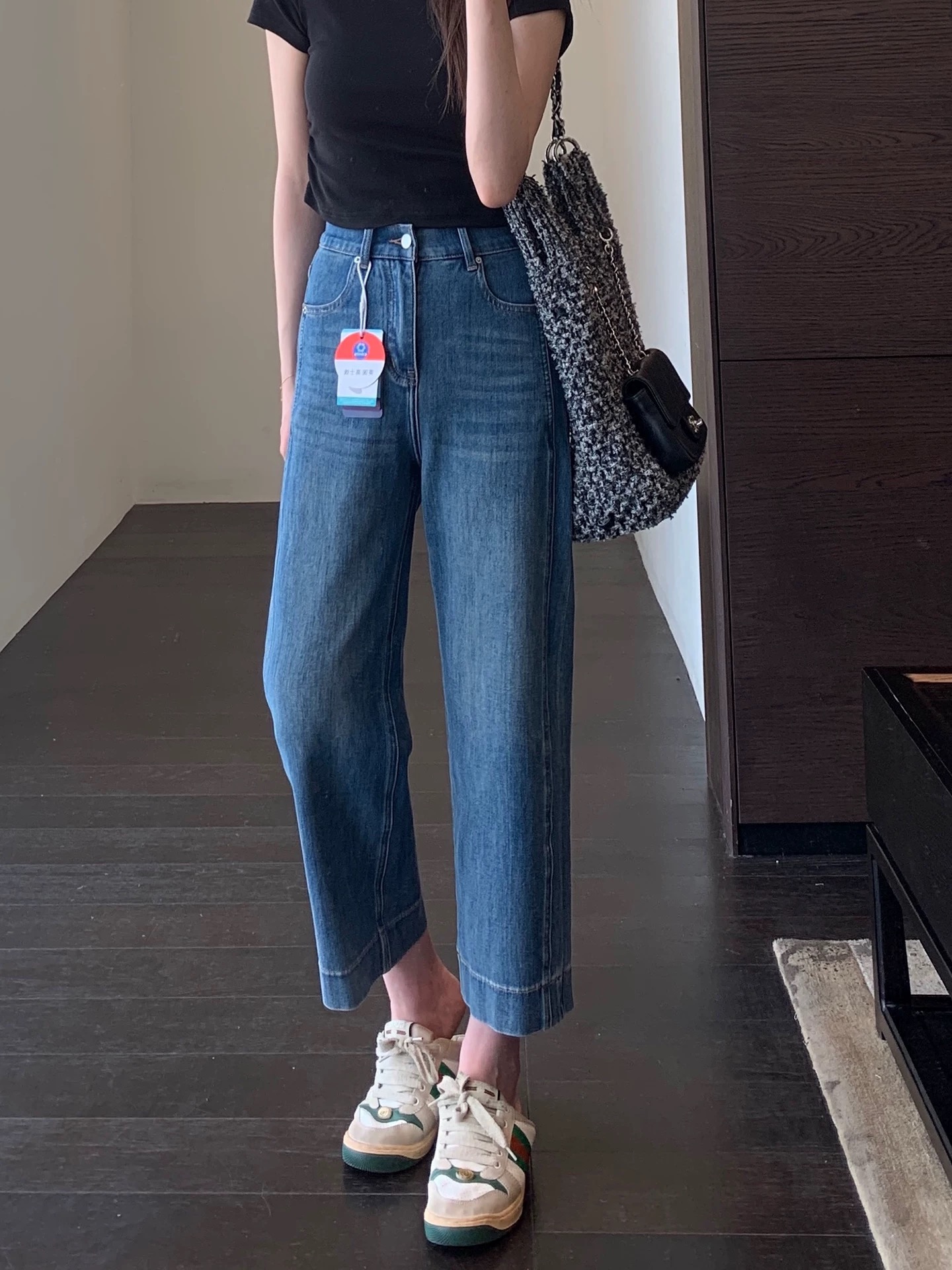 2025早秋款四面弹高腰显瘦软阔腿牛仔裤女宽松小个子九分直筒裤子