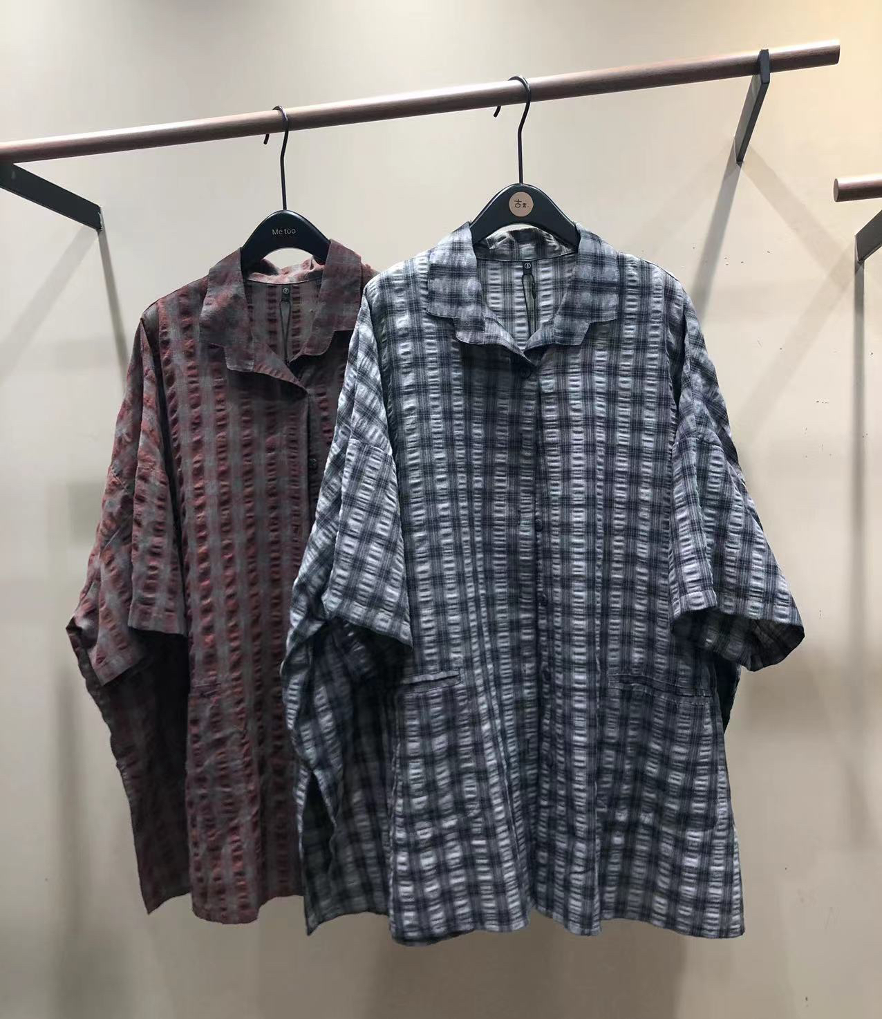 古素旧格子麻料短袖衬衫外套两用