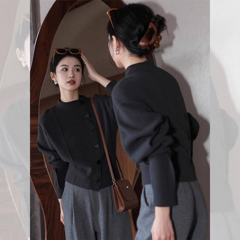 独特漂亮黑色小衫外出毛衣针织开衫外套洋气高贵上衣女韩系秋冬装