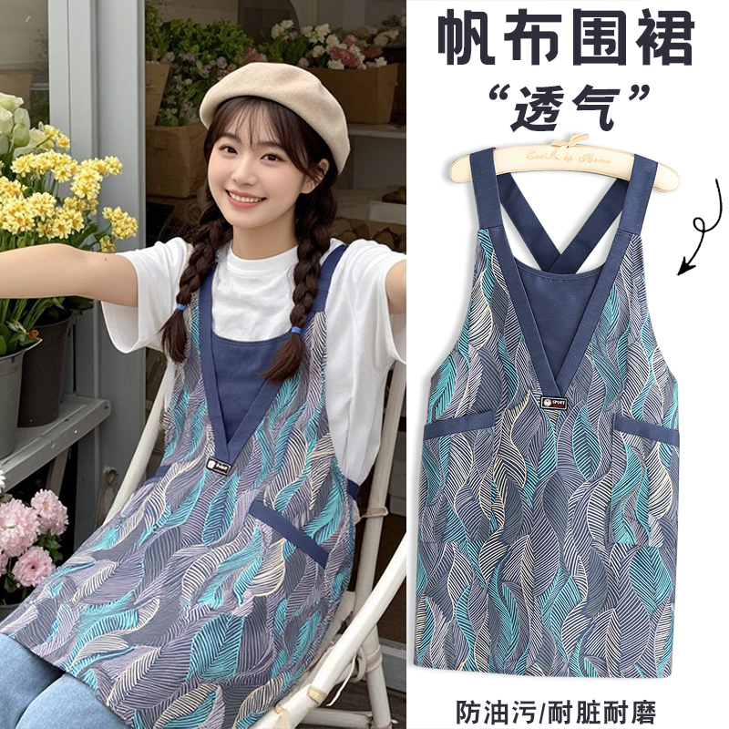 简约帆布透气围裙家用厨房做饭围腰餐饮摆摊花店女工作服防污耐磨