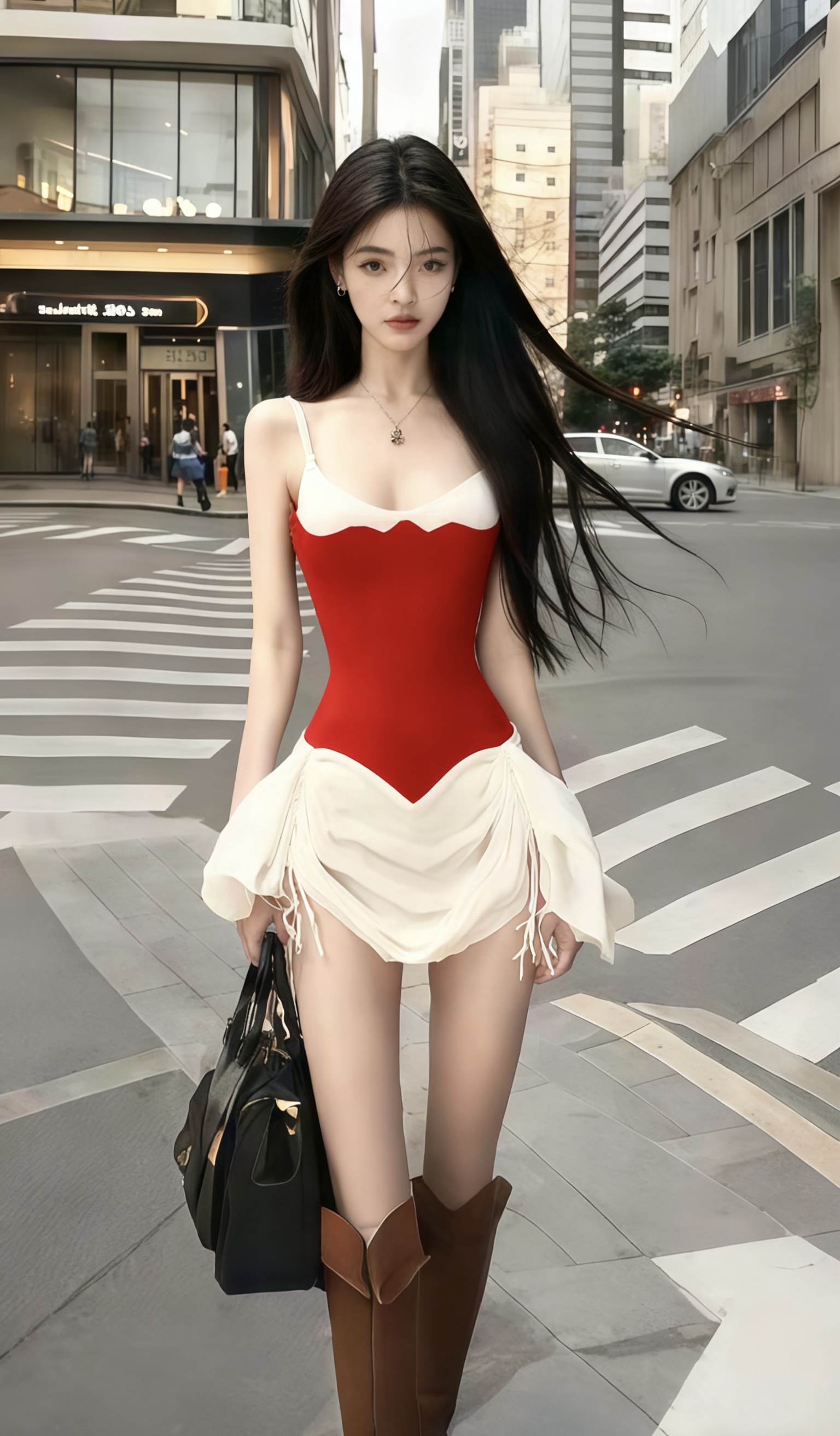 新款氛围感辣妹风红色U领吊带收腰连衣裙【下裙为抽绳需自行调整】