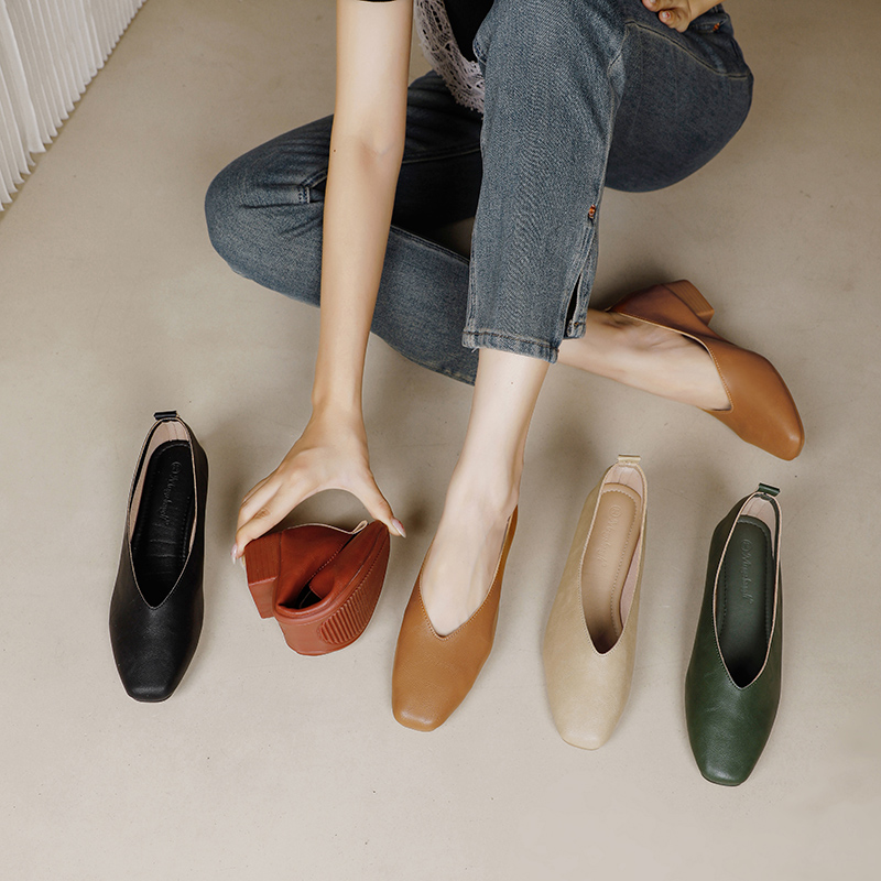 真皮V口新款小方头百搭单鞋女低跟鞋春夏浅口鞋 一脚蹬高跟粗跟鞋