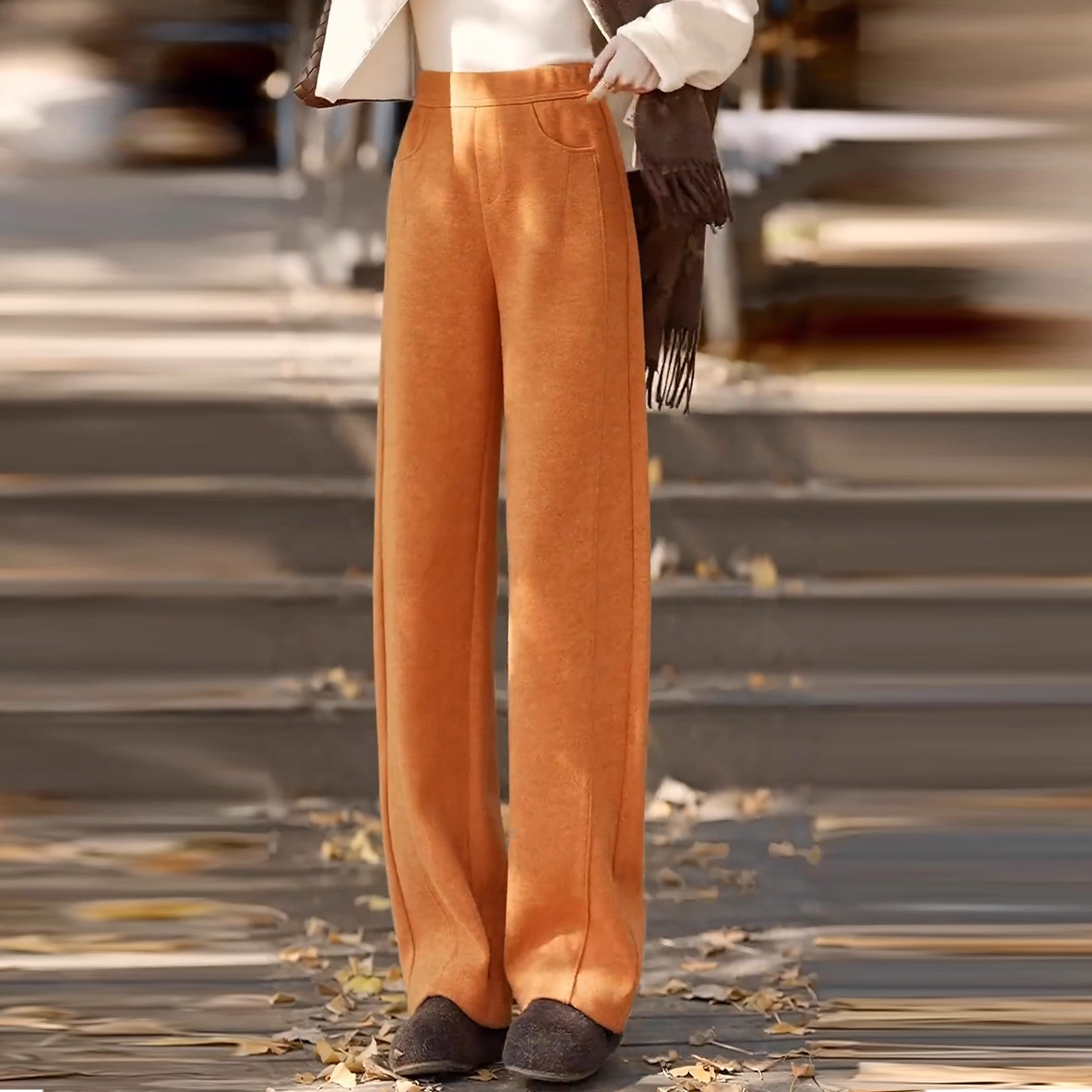 时尚加绒加厚羊毛呢窄版阔腿裤女2025冬季新款保暖显瘦直筒休闲裤