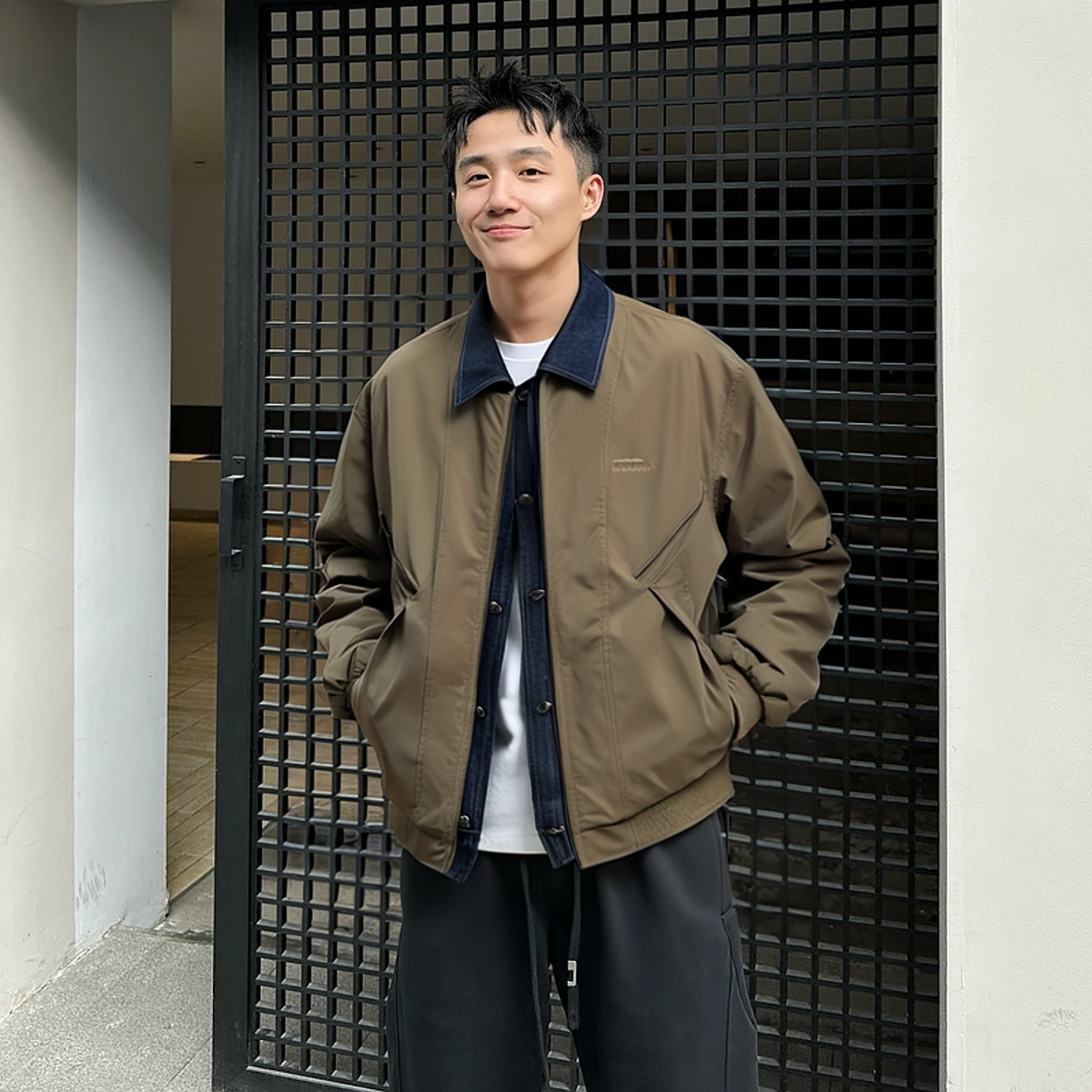 海澜之家运动青年男士撞色翻领拼接假两件潮流外套高级感美式休闲