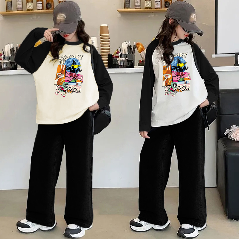 女童春秋季时尚套装女孩中大童长袖洋气时髦休闲阔腿长裤俩件套