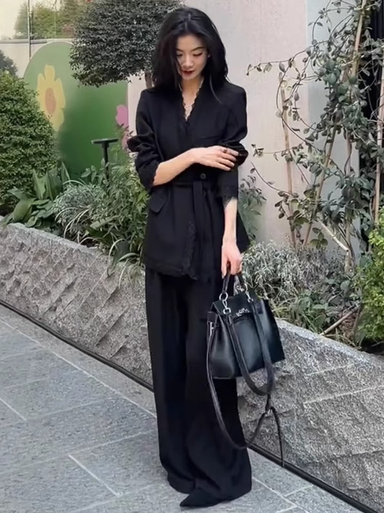 大码洋气时尚休闲套装女春季设计师新款西装外套高腰阔腿裤两件套