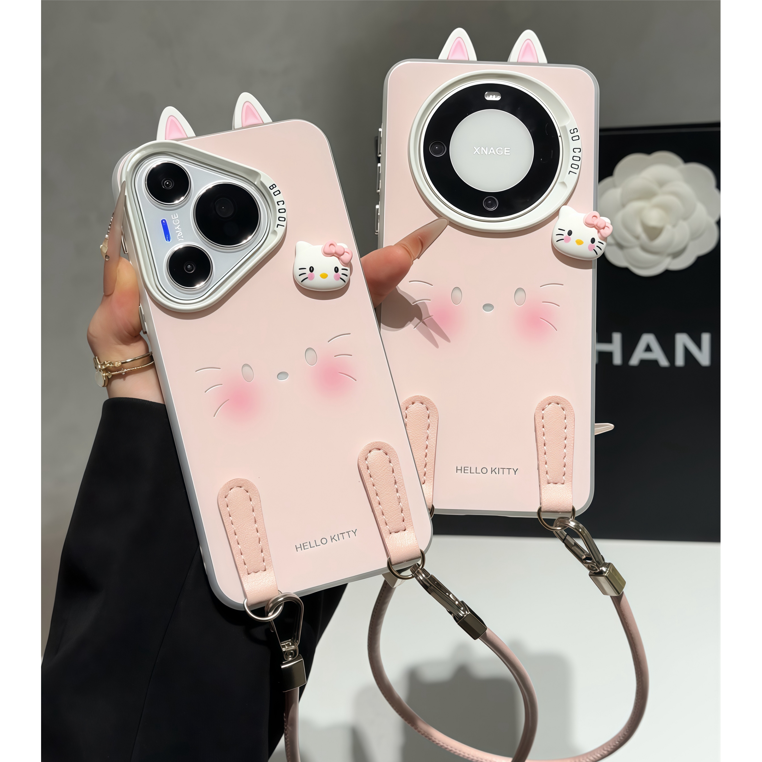 粉KT表情耳朵挂绳适用iPhone苹果16手机壳华为p70vivoppo小米15套