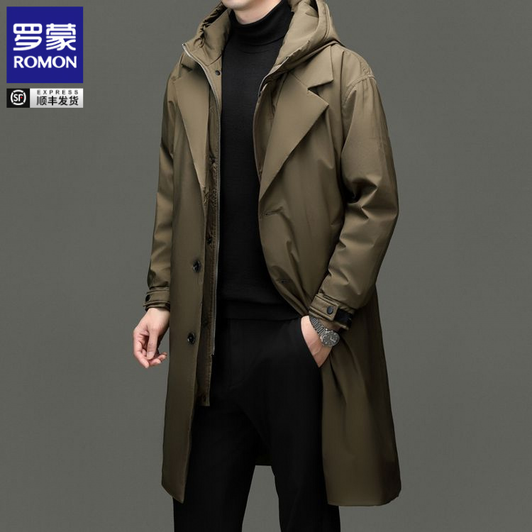 罗蒙冬季中长款羽绒男加厚连帽防寒新款假两件韩版风衣保暖外套