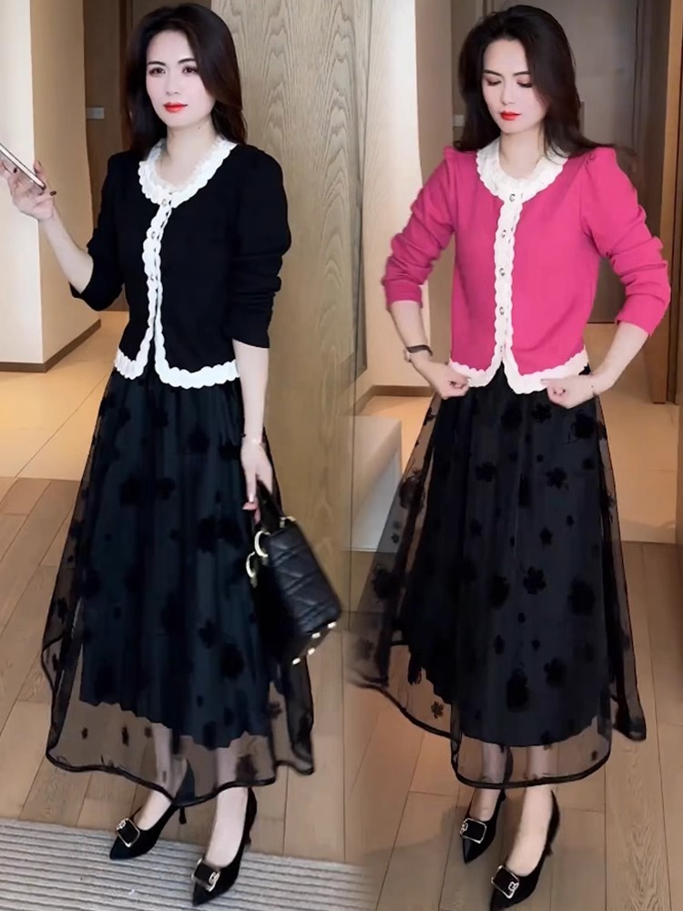 洋气连衣套装女2025春季新款洋气显瘦长袖T恤网纱新款潮牌女装