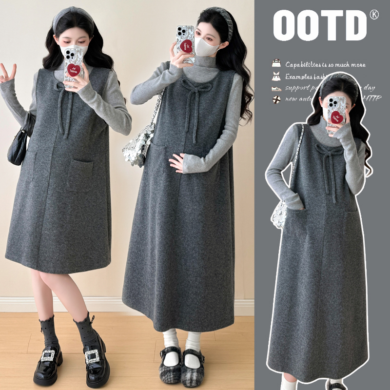 2025秋冬新款韩系高级感灰色背心裙+上衣孕妇装两件套