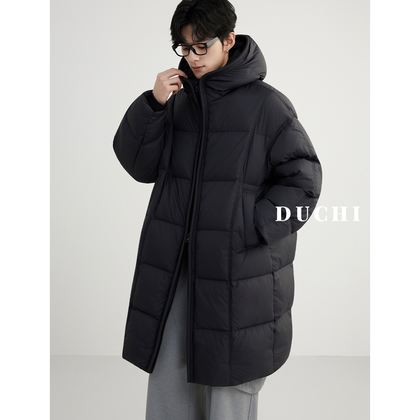 独驰{双拉链连帽设计}冬季中长款加厚羽绒服男士防风抗寒保暖外套