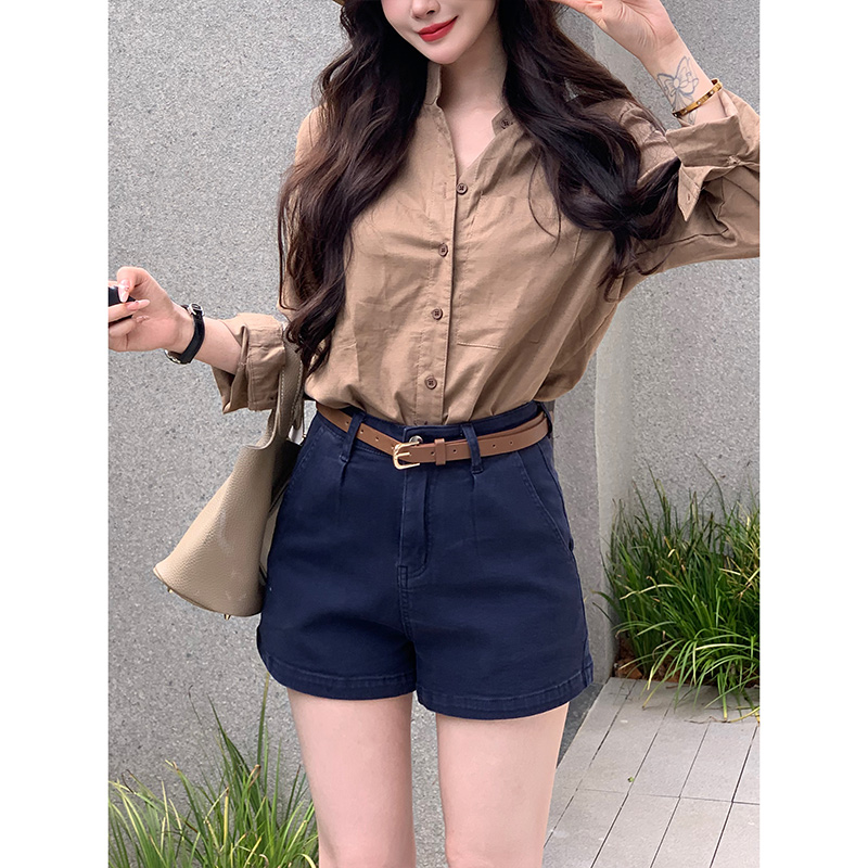 老钱调休闲百搭牛仔短裤女2025冬季加绒新款藏青高腰显瘦阔腿热裤