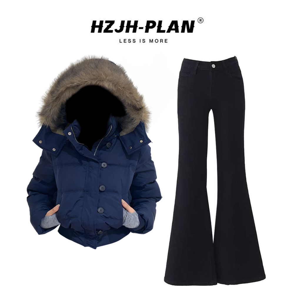 INS CEC藏蓝色棉服外套女冬季小众穿搭高腰显瘦微喇牛仔裤两件套