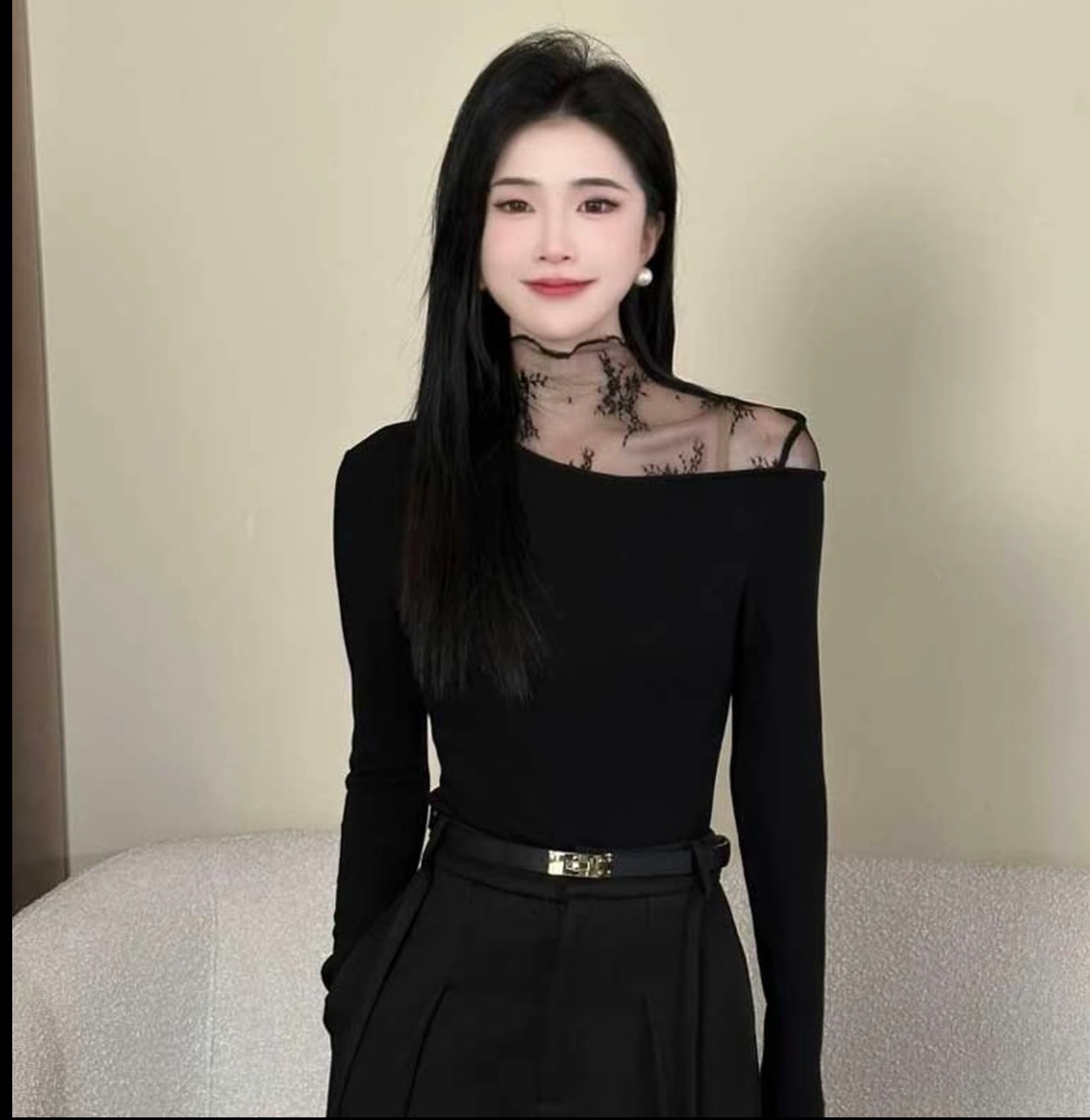 【现货】2025新款拼接长袖T恤女设计感加绒加厚打底衫上衣➕毛呢裤子