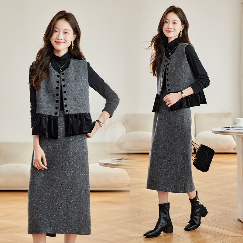 小香风加厚毛呢马甲半身裙套装女秋冬新款气质洋气减龄复古三件套