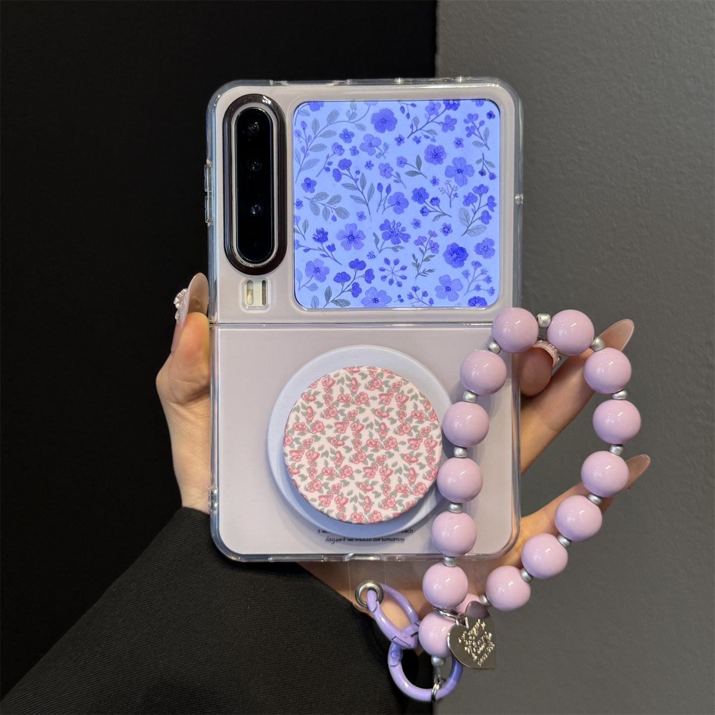 适用华为purax折叠屏手机壳香芋紫英文pocket2碎花磁吸支架链条女