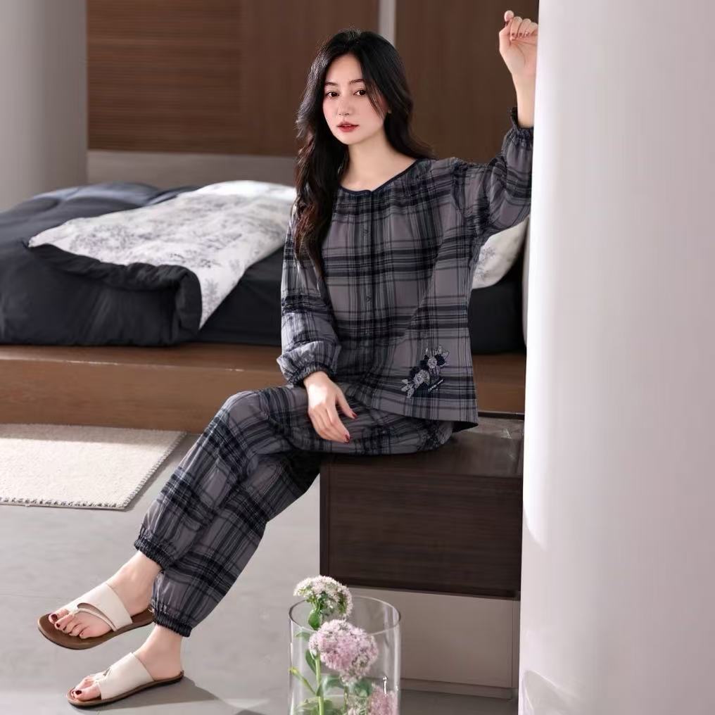 春秋季新款纯棉长袖长裤睡衣女士休闲慵懒风宽松大码家居服套装