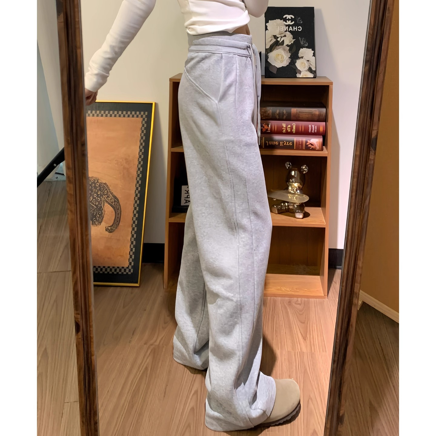 灰色美式休闲阔腿裤女秋冬季2025新款高腰加绒显瘦垂窄版运动卫裤