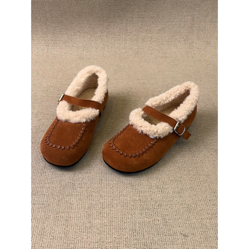 nnmiss/1.5cm复古加绒磨砂圆头一字带单鞋平底毛毛拼接勃肯鞋