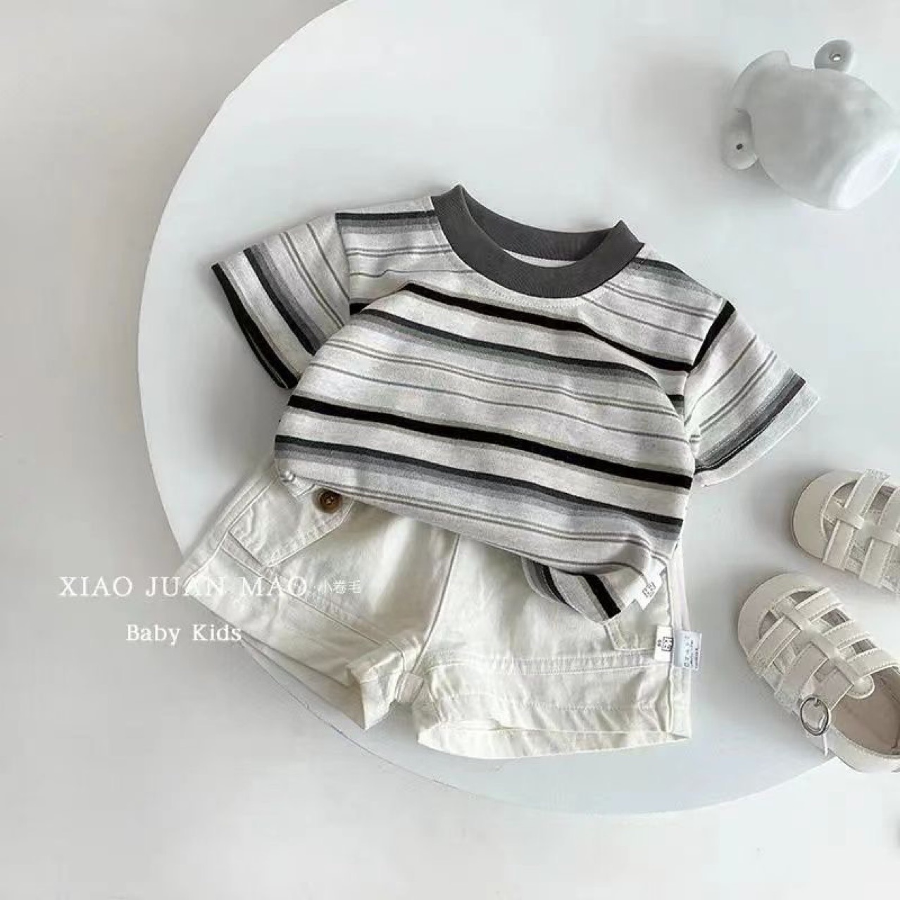 男童夏装套装2025新款男宝韩版洋气休闲条纹上衣工装五分裤两件套