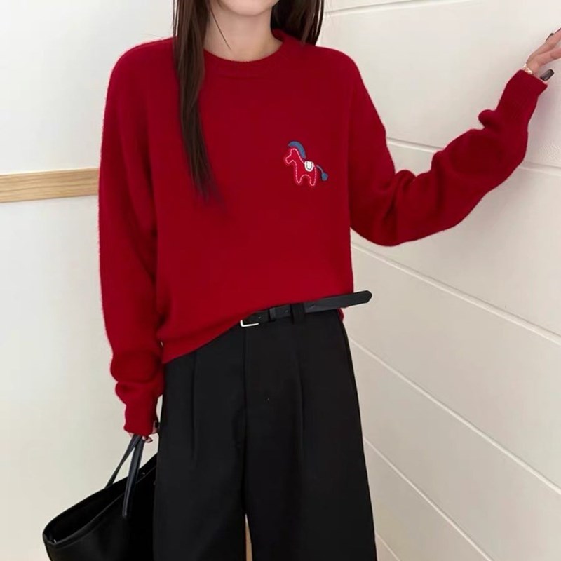 100%纯羊毛新年红冬装新款新年战袍小马简约红色毛衣软糯上衣