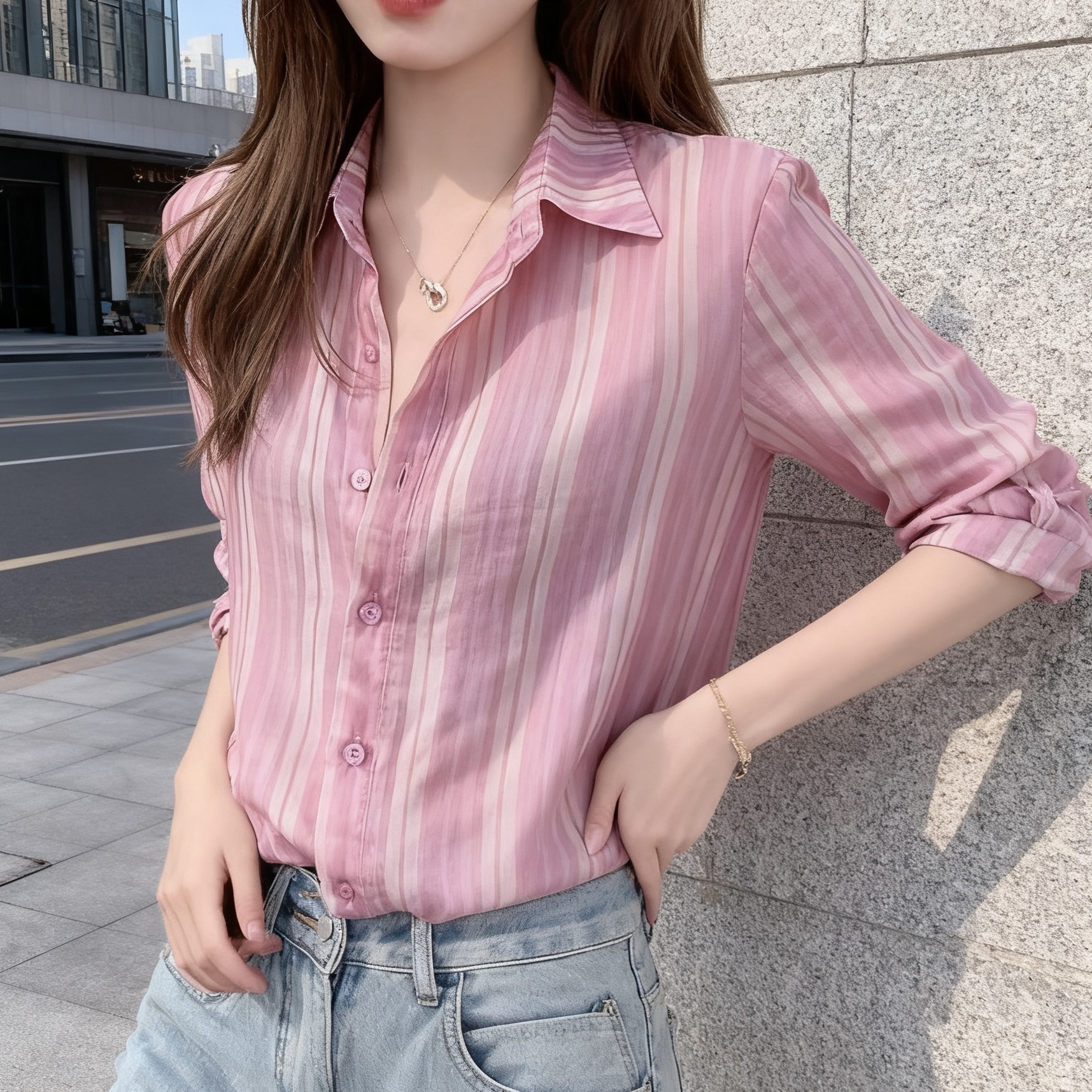 设计感时尚减龄粉色竖条纹衬衫女2025秋季新款洋气氛围感显瘦衬衣