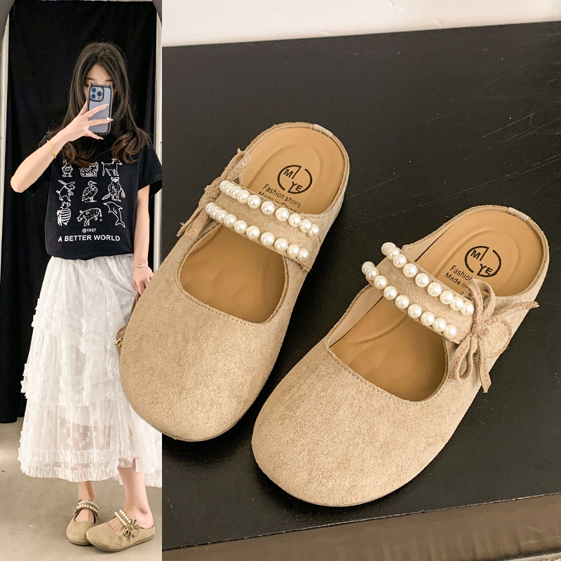 2025夏季新款仙女风珍珠松糕底包头半拖鞋女平底包头拖软底软面