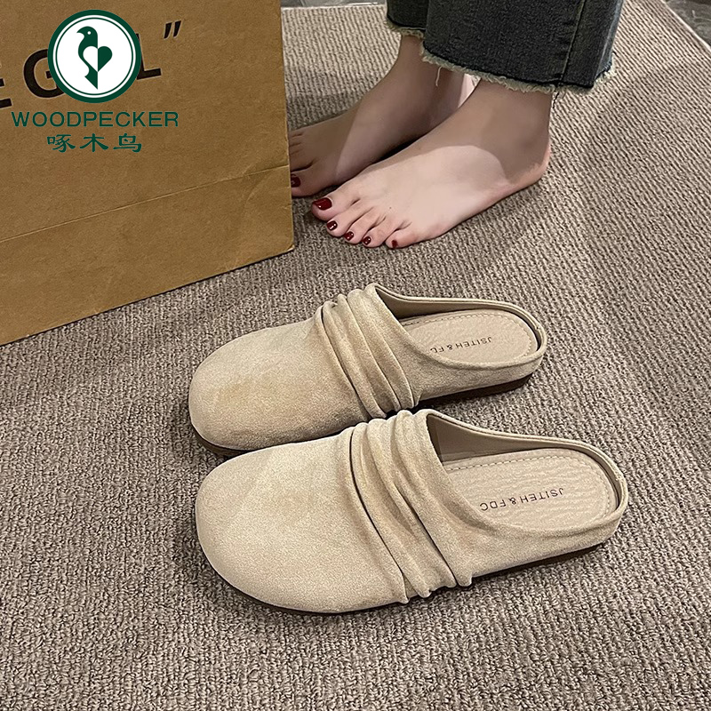 啄木鸟勃肯鞋女2025年春季新款外穿复古圆头百搭森系包头半拖鞋女