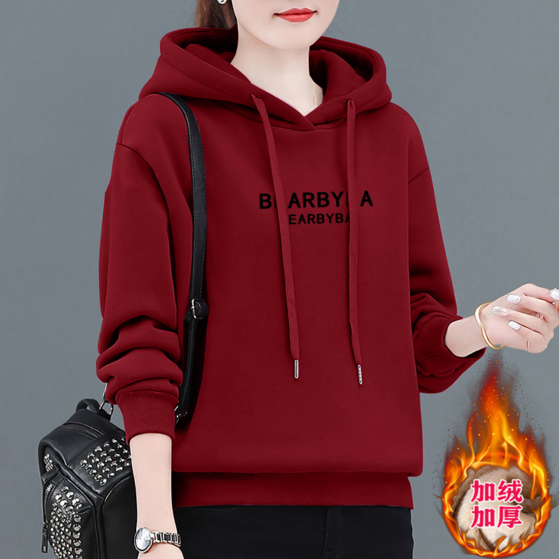 秋冬新款韩版加绒加厚长袖卫衣女士时尚休闲宽松连帽洋气显瘦上衣