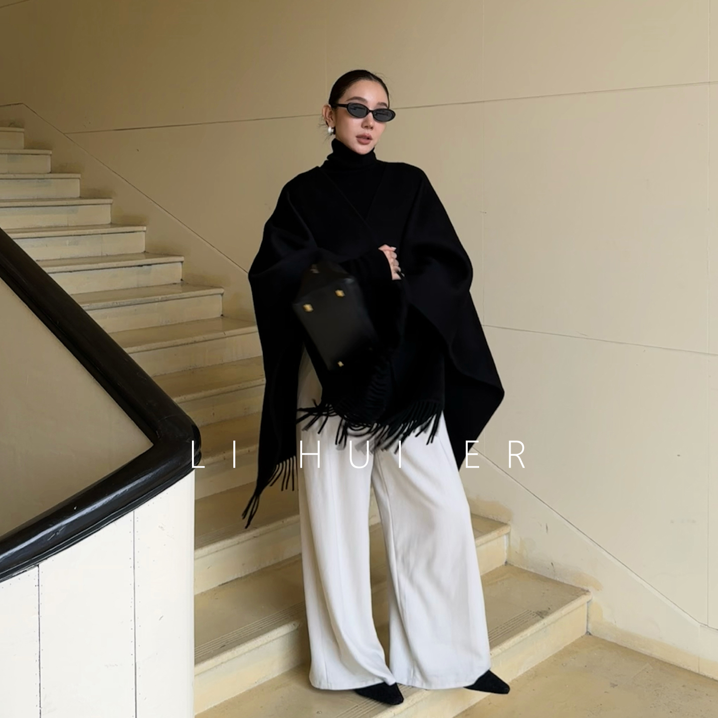 LiHuiEr李慧儿【巴黎晚宴】秋冬款双面呢羊毛斗篷披肩外套LL0251048