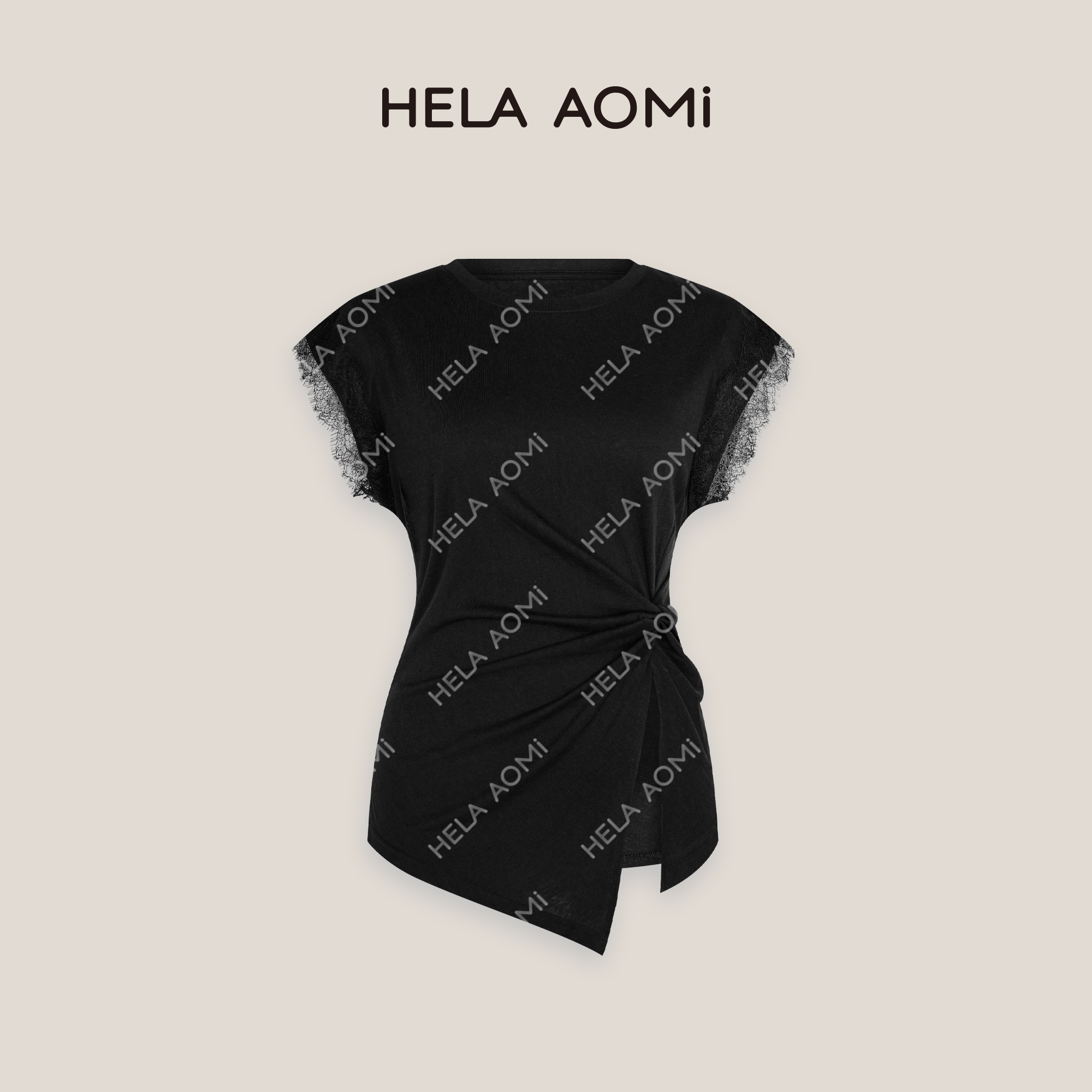 HELAAOMI “开叉T”麻圆领拼接蕾丝设计感宽肩无袖T恤CY5BC23421