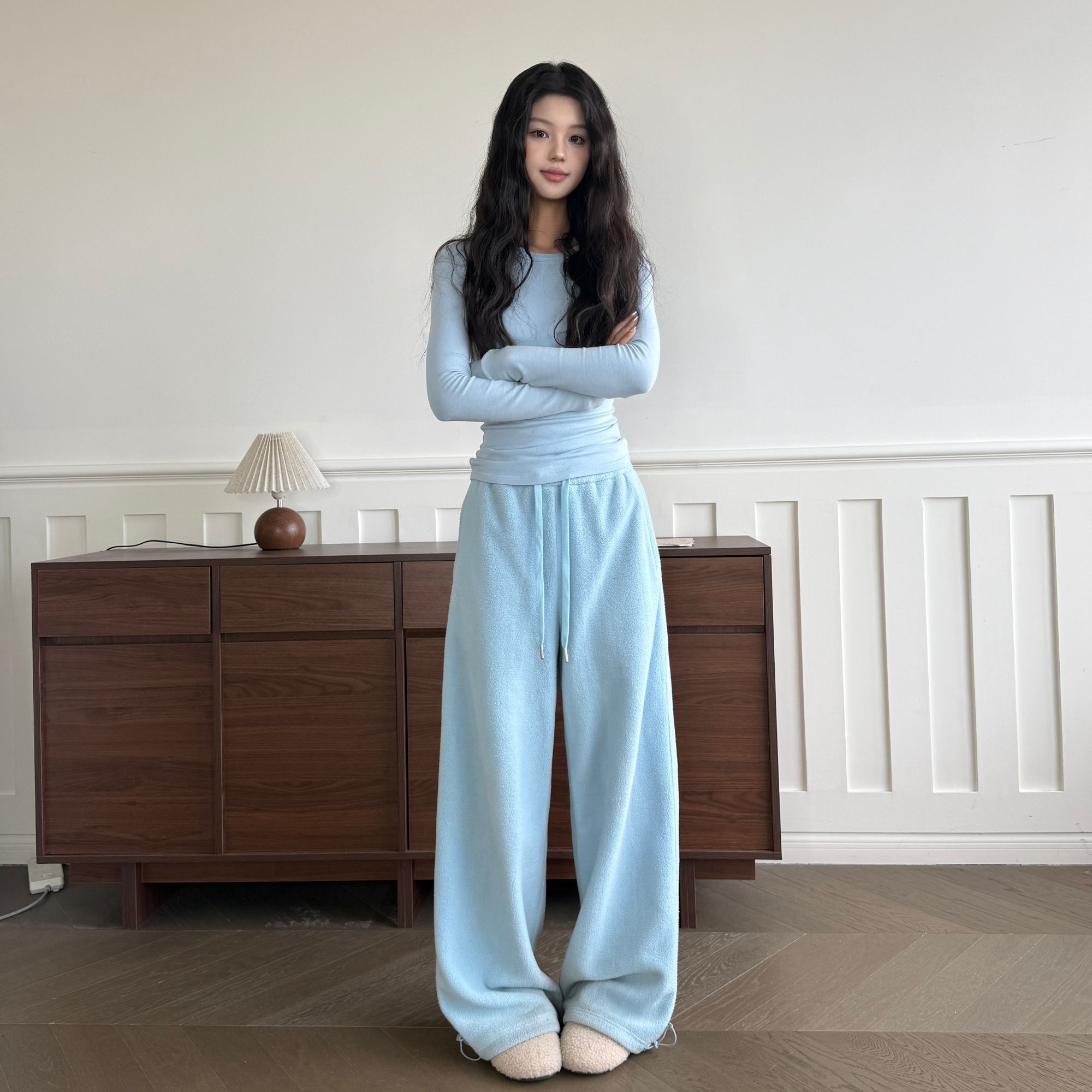 CHEN冬季摇粒绒慵懒加厚阔腿卫裤遛弯居家束脚懒人百搭加绒弯刀裤