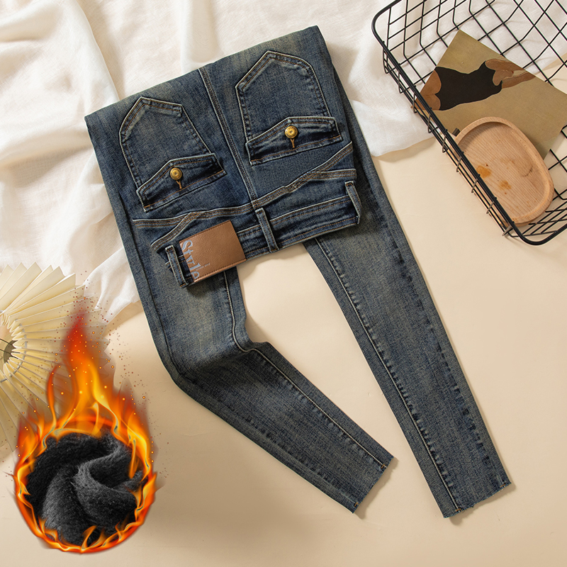 提臀辣妹翻盖设计高腰显瘦小脚牛仔裤女秋冬款百搭时尚铅笔牛仔裤