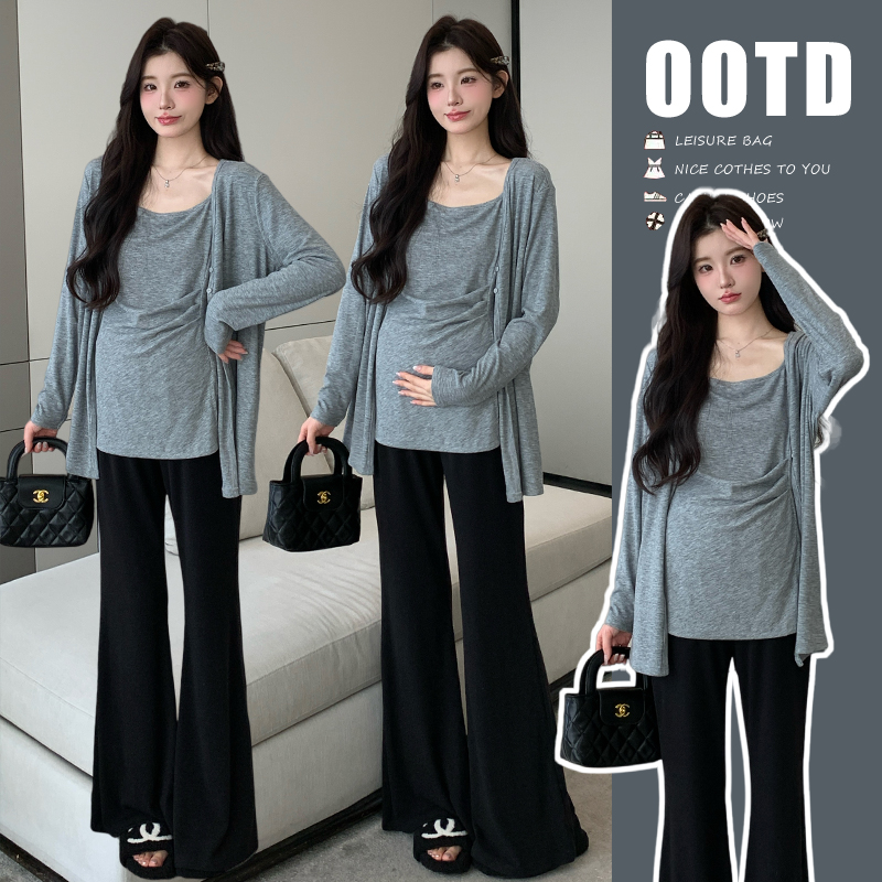 2025新款孕妇装春秋季时尚韩版大码三件套休闲微喇叭裤孕期套装女