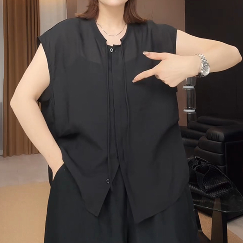 韩系无袖百搭衬衫大码短袖女胖mm洋气遮肉衬衣显瘦减龄法式上衣夏