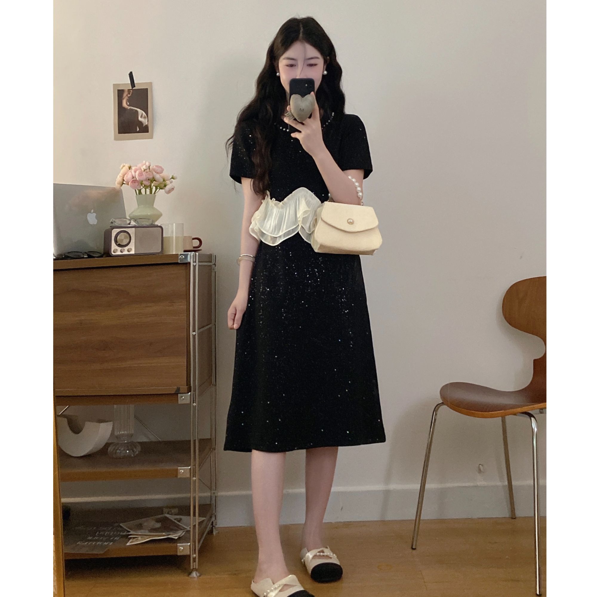 大码夏季新款法式拼接细闪洋气显瘦遮肉短袖连衣裙