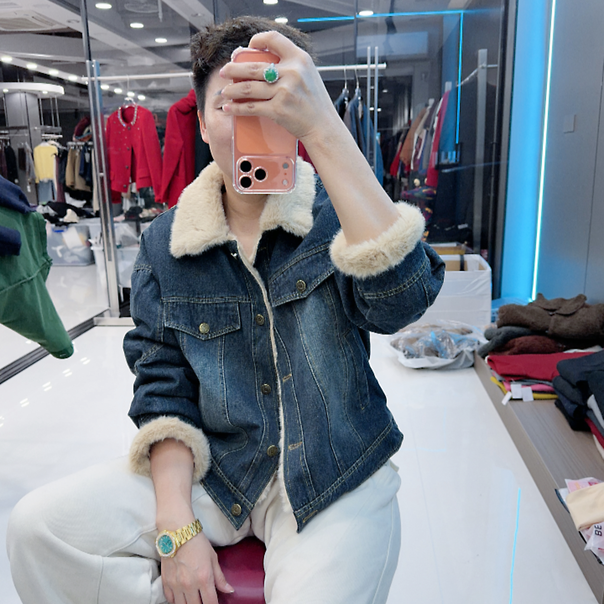 韩版时尚保暖毛绒里牛仔外套69美丽丽（有口袋）