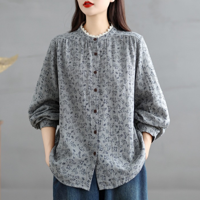 小清新设计感小众花边立领碎花长袖衬衫宽松显瘦文艺大码休闲衬衣