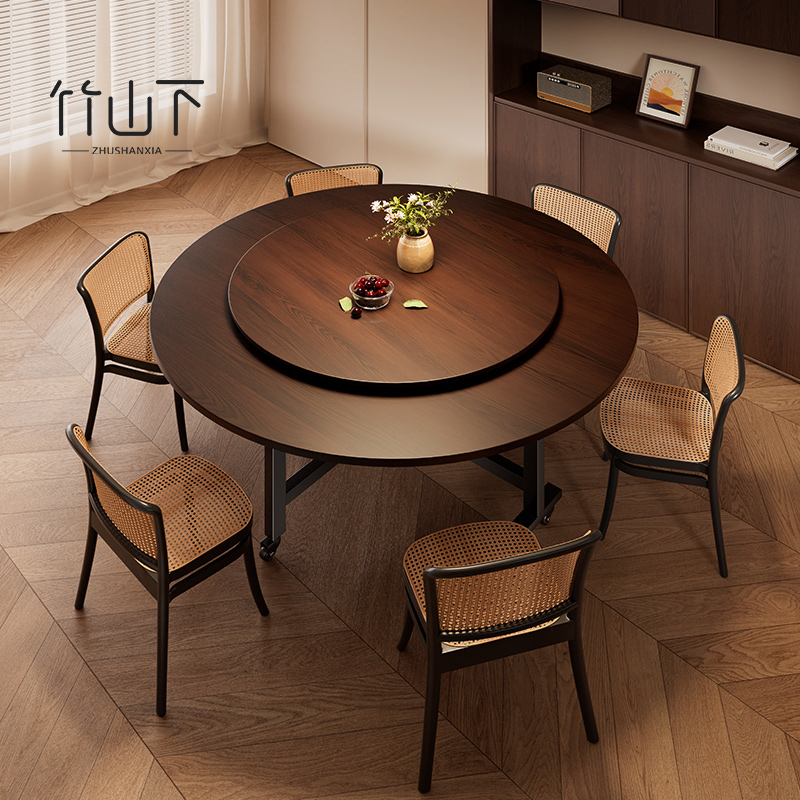 折叠桌子家用客厅餐厅出租房专用吃饭桌子简约大餐桌中古风大圆桌