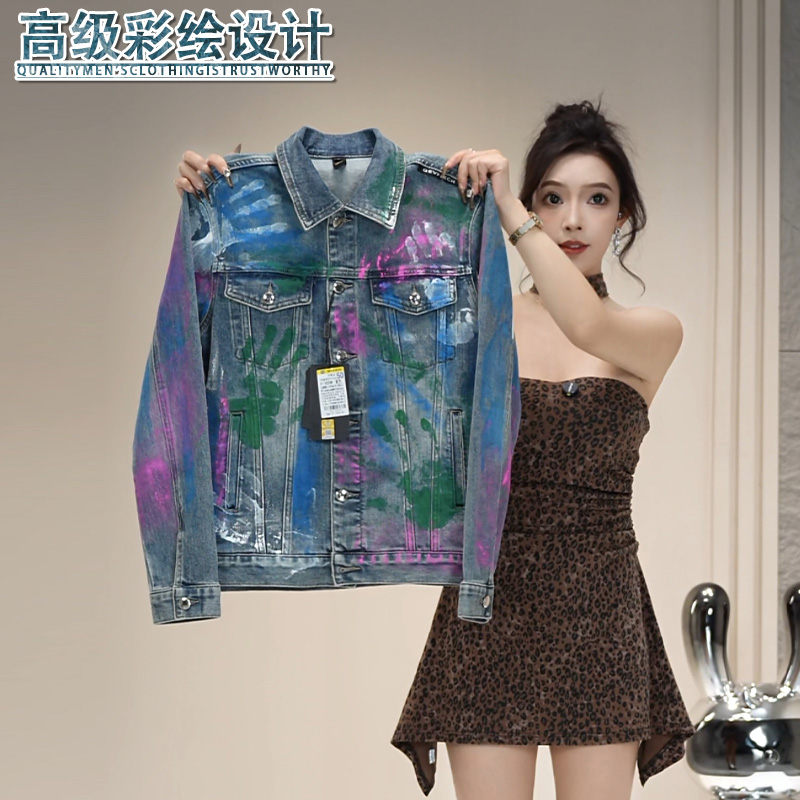 彩绘牛仔外套男士秋冬季新款修身炫彩高级感涂鸦时尚潮流夹克男装