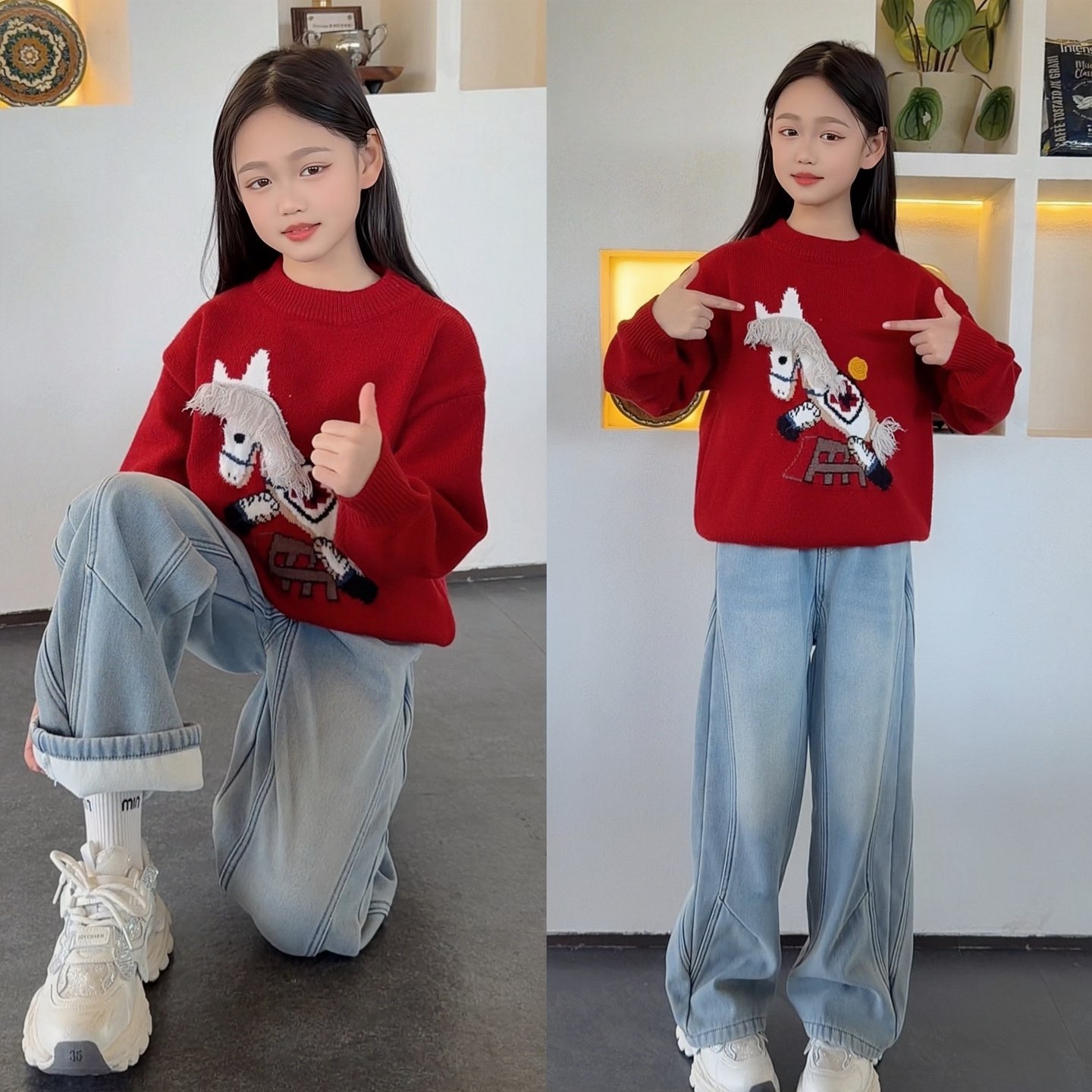 女童红色毛衣套装儿童洋气针织圆领秋冬套头中大童加绒阔腿牛仔裤