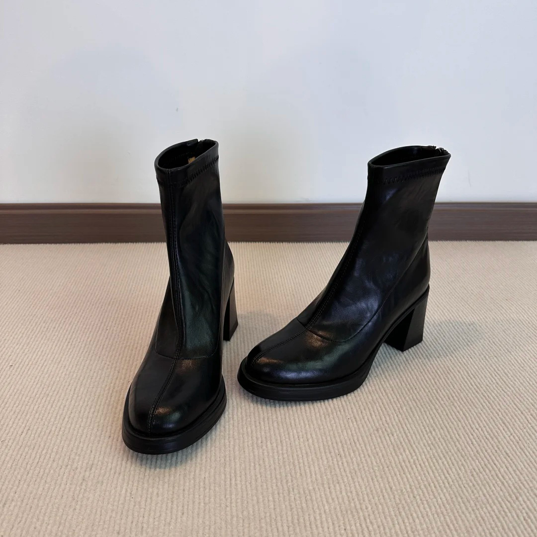 羊皮版~新款后拉链高跟短靴通勤单靴厚底坡跟靴子方头弹力瘦瘦靴