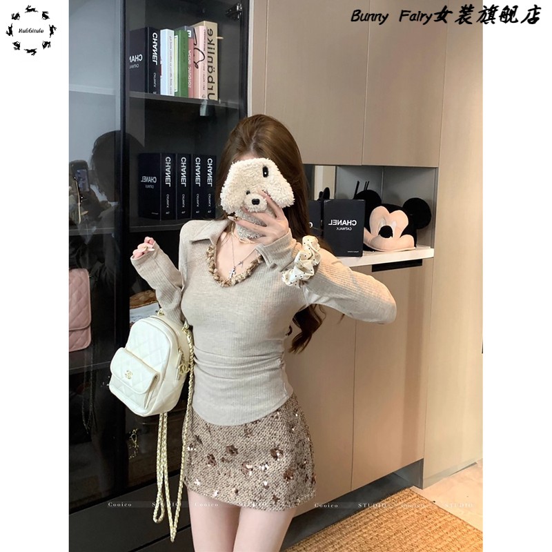 美拉德辣妹穿搭翻领针织打底衫女秋冬设计感纯欲bm风收腰内搭上衣