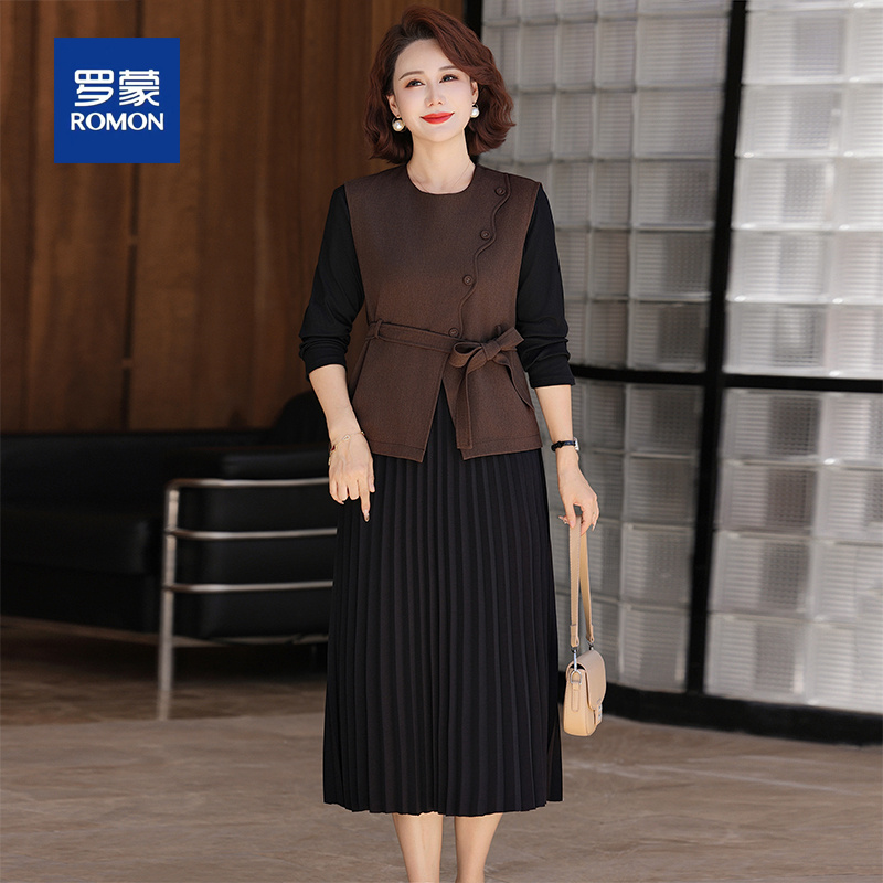 罗蒙妈妈秋装连衣裙端庄大气套装洋气中老年女装春秋马甲外套上衣