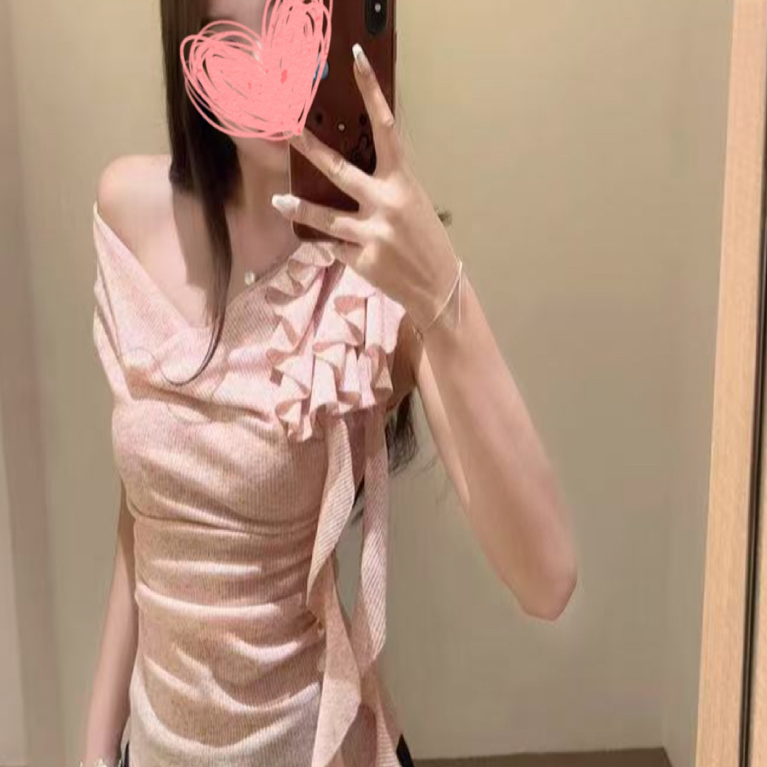 【雪糕专属】粉莓杏茶荡领飘带花朵斜肩一字肩短袖T恤女夏收腰褶皱