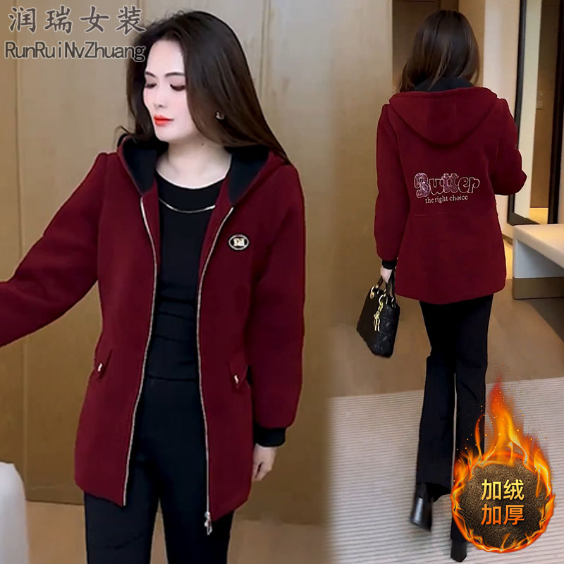 韩版加绒加厚连帽外套女2025秋季新款洋气显瘦中长款休闲保暖夹克