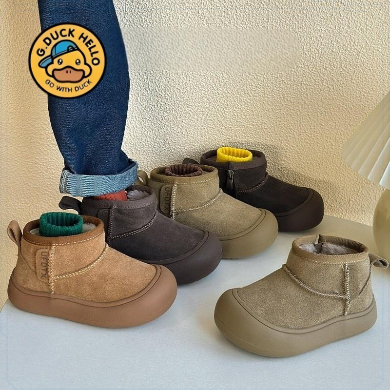 小黄鸭软皮雪地靴男童加绒短靴2025新款冬季加厚防踢女童保暖棉靴